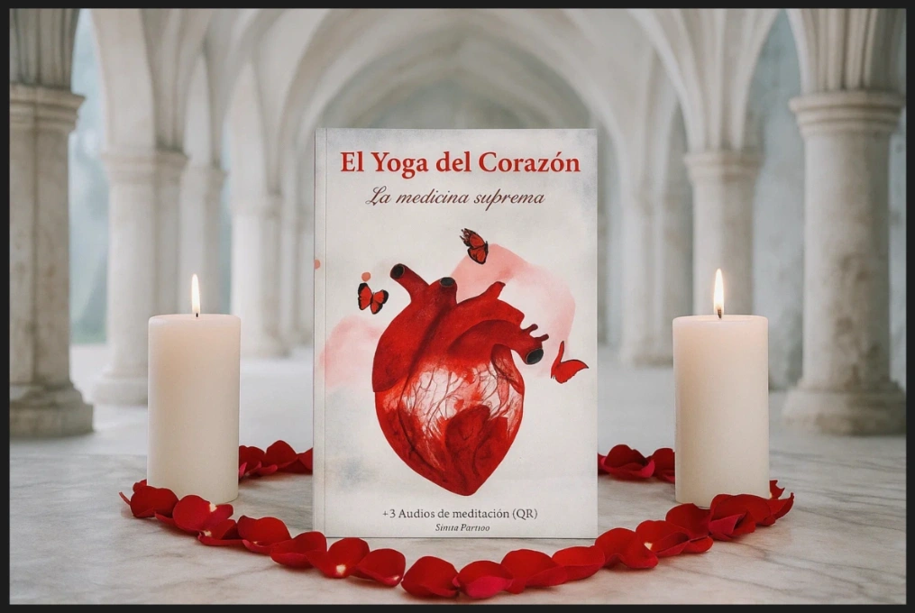 Un libro espiritual de yoga para sanar el corazón rodeado de velas y flores en un templo.