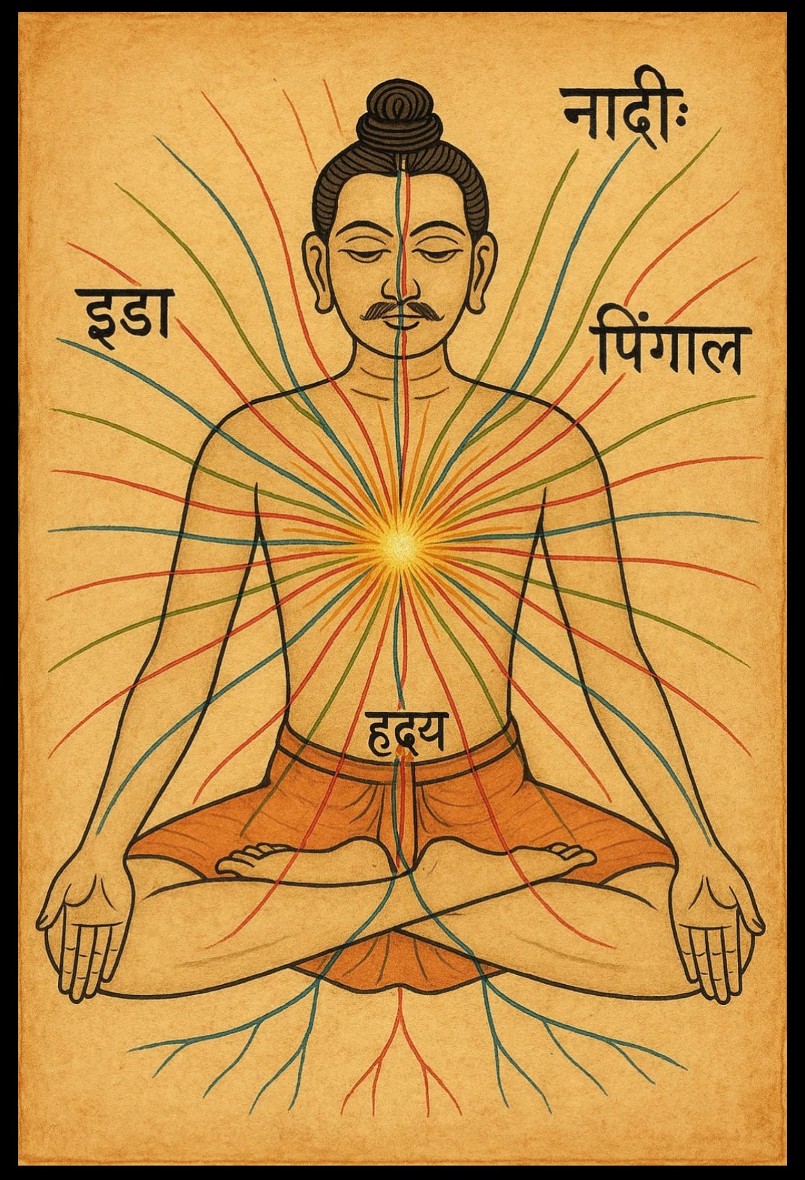 Yogui meditando con los canales de energía irradiando desde su corazón 